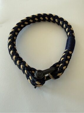 Pig & Hen Braided Navy and Cream Men’s Bracelet with Metal Shackle